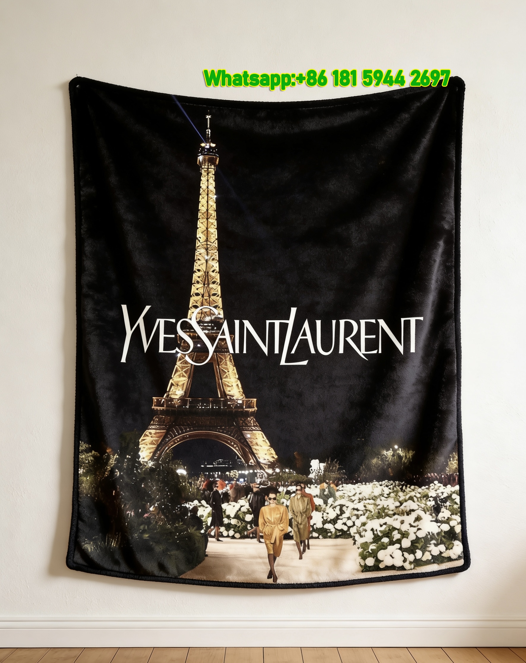 Yves Saint Laurent YSL Eiffel Tower White Floral Print Flannel Sofa Throw Blanket Parisian Night View Luxury Decor Blanket IMG_3257